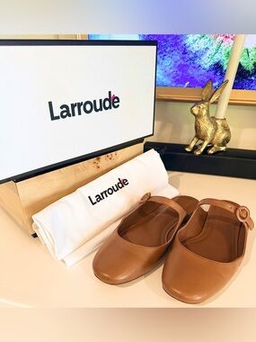 Larroudè Blair Mule Leather Mary Jane Flats Luster Kid Skin Caramel Size 8.5